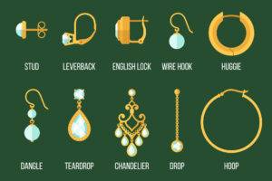 Vector set of different earring styles and closure types. Flat style.