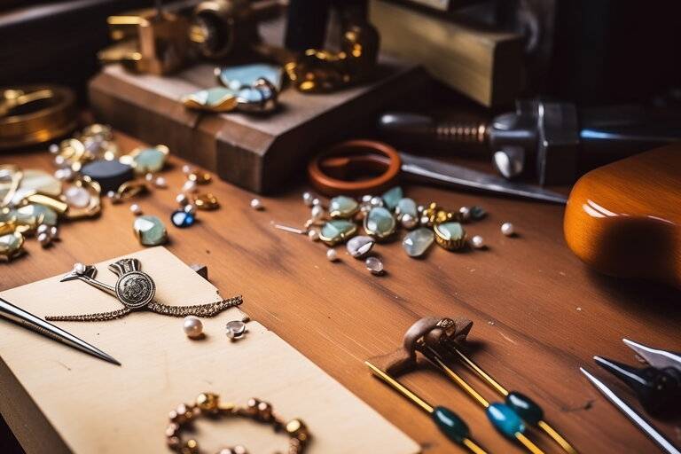 Close up view of workplace of jewelry accessories designer with material and tools